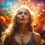Oświecona kobieta z kolorowym bokehem w tle.