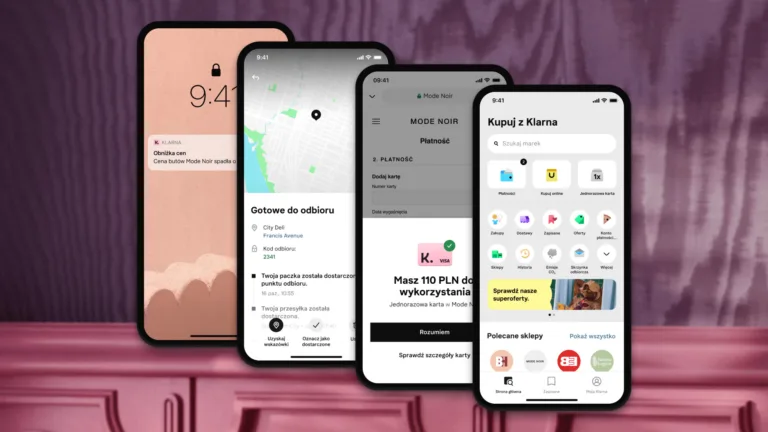 Cztery smartfony wyświetlają różne aplikacje mobilne na tle w kolorze różowym.