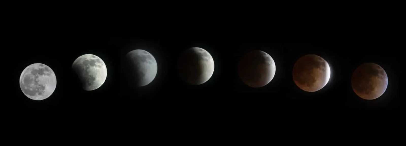 Sekwencja faz zaćmienia księżyca ukazująca zmianę z pełni do całkowitego zaćmienia.