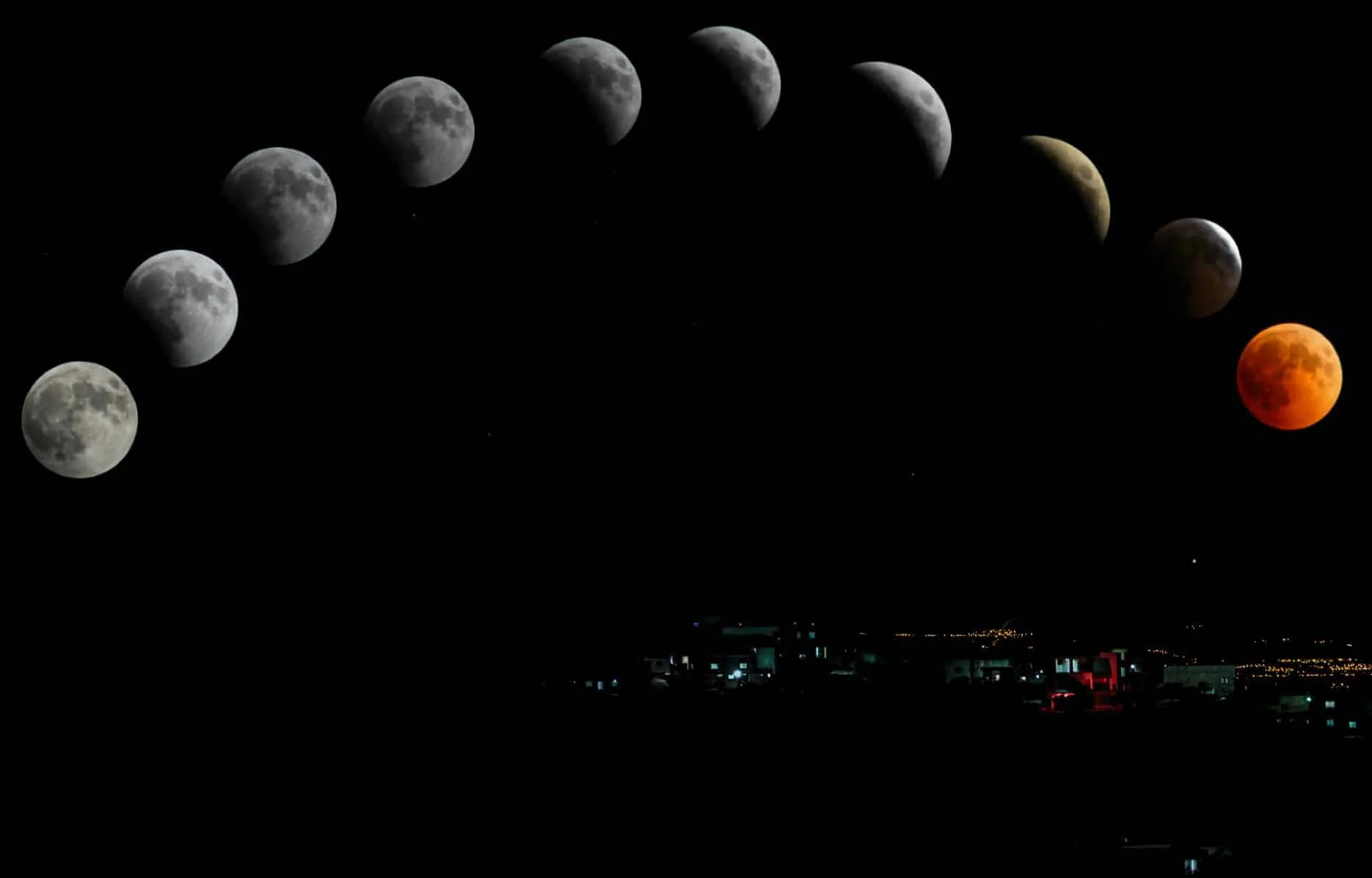 Sekwencja zaćmienia księżyca nad nocnym horyzontem miasta.