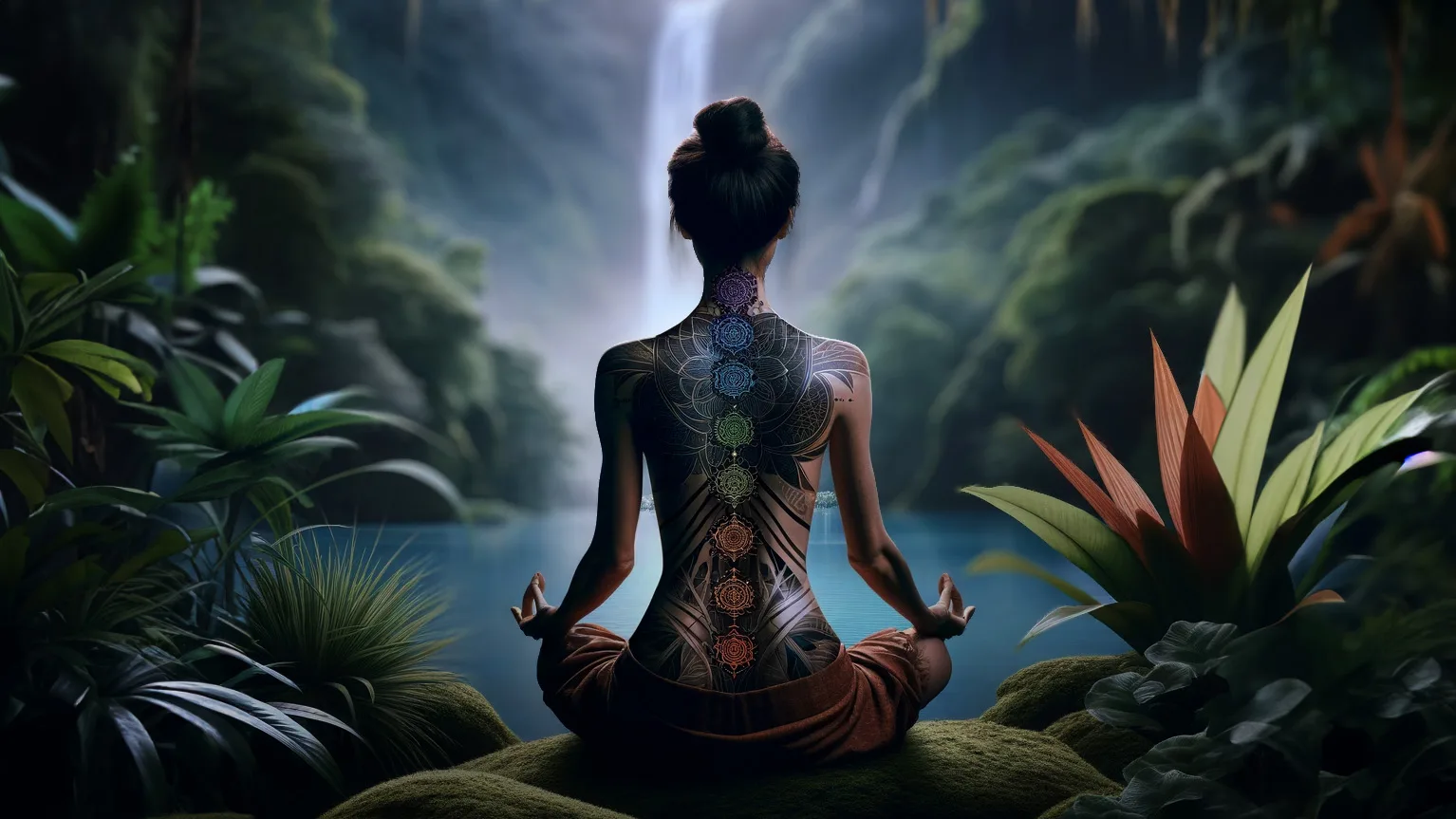 Czakry - Joga Kundalini - Kobieta siedząca tyłem w dżungli, a na jej plecach widnieje tatuaż z czakrami wzdłuż kręgosłupa