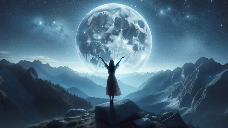 Sylwetka kobiety stojącej na szczycie góry z uniesionymi rękoma w geście triumfu, z olbrzymim pełnym księżycem na tle nocnego nieba wypełnionego gwiazdami.