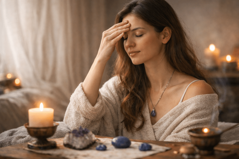 obieta w rytuale Ajna - medytacja czakry trzeciego oka w ciszy