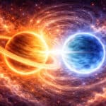 Koniunkcja Saturna i Neptuna - złota planeta z pierścieniami i błękitna planeta połączone świetlistą wstęgą energii na tle kosmicznej mgławicy