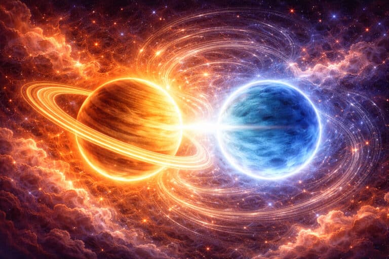 Koniunkcja Saturna i Neptuna - złota planeta z pierścieniami i błękitna planeta połączone świetlistą wstęgą energii na tle kosmicznej mgławicy