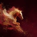 Złoty koń w galopie na bordowym tle, smuga czerwono-złotego dymu i iskry