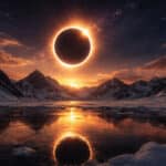 Zaćmienie Słońca nad ośnieżonymi górami o zachodzie, z jasną koroną i odbiciem w zamarzniętym jeziorze.