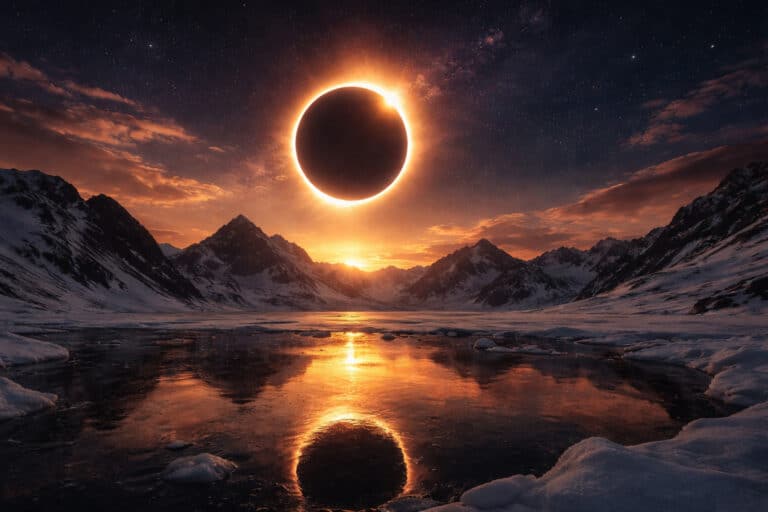 Zaćmienie Słońca nad ośnieżonymi górami o zachodzie, z jasną koroną i odbiciem w zamarzniętym jeziorze.