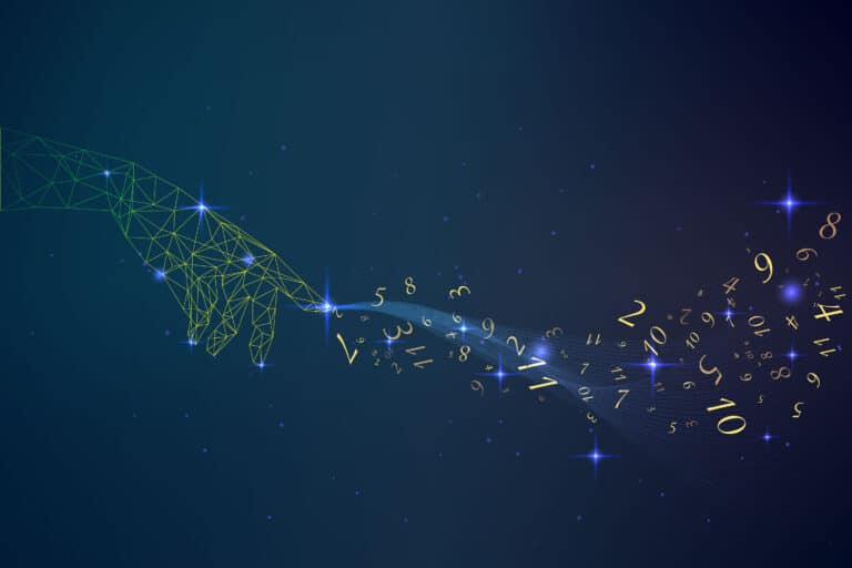 Abstrakcyjna grafika: dłoń z siatki geometrycznej i unoszące się cyfry, symbol liczb mistrzowskich 11 22 33 w numerologii