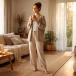 Kobieta stojąca boso w jasnym, spokojnym wnętrzu domu podczas golden hour, trzyma kubek herbaty i praktykuje życie o niższej stymulacji