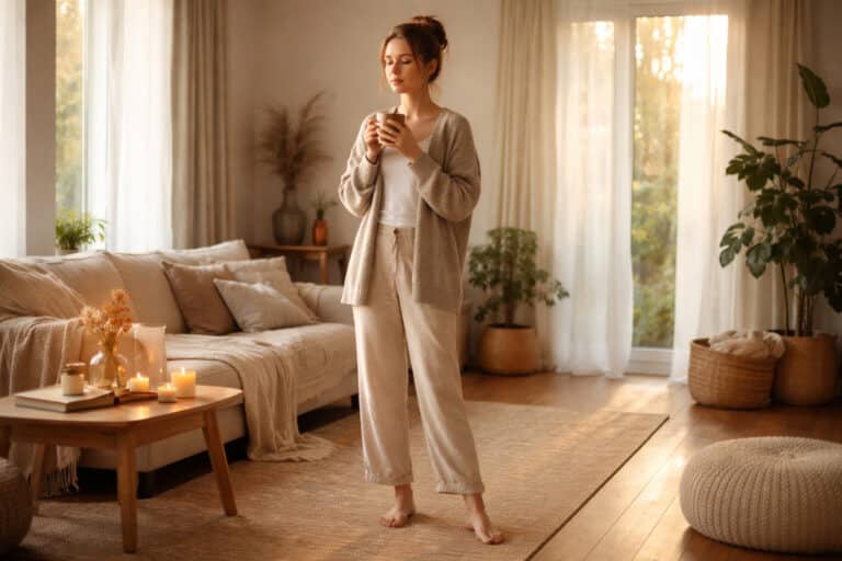 Kobieta stojąca boso w jasnym, spokojnym wnętrzu domu podczas golden hour, trzyma kubek herbaty i praktykuje życie o niższej stymulacji