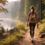 Kobieta idąca leśną ścieżką nad jeziorem z plecakiem i butelką wody - poranny rytuał health span