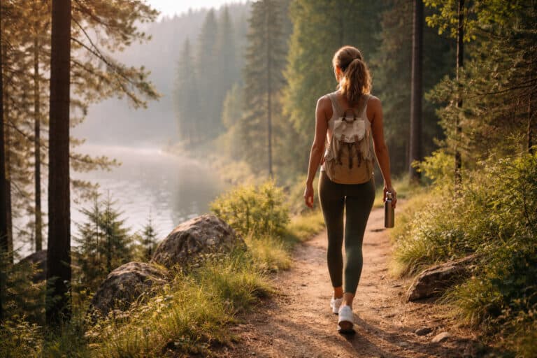 Kobieta idąca leśną ścieżką nad jeziorem z plecakiem i butelką wody - poranny rytuał health span