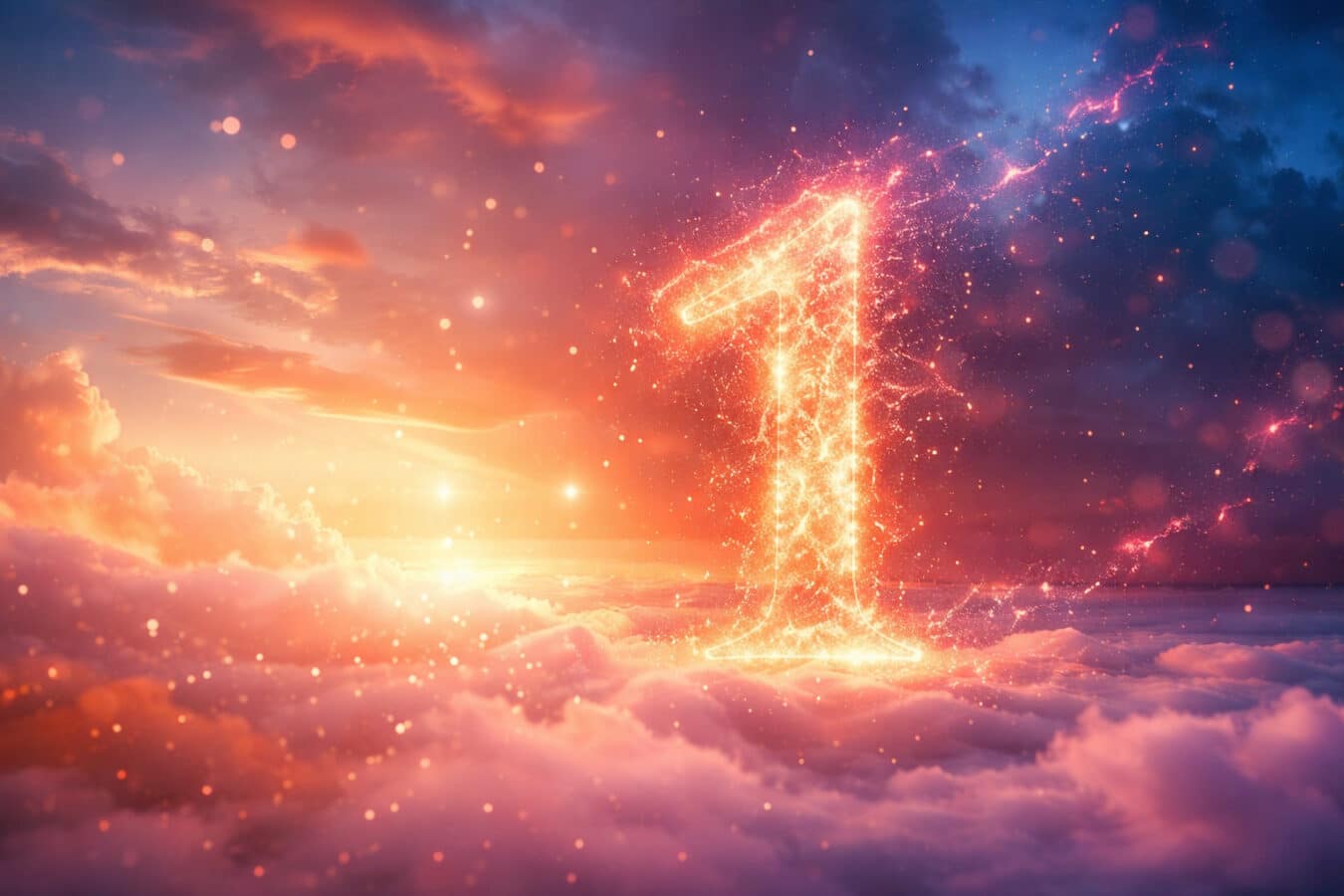 Świetlista cyfra 1 z iskrzącej energii na tle nieba w ciepłych barwach zachodu