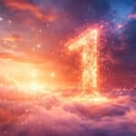 Świetlista cyfra 1 z iskrzącej energii na tle nieba w ciepłych barwach zachodu