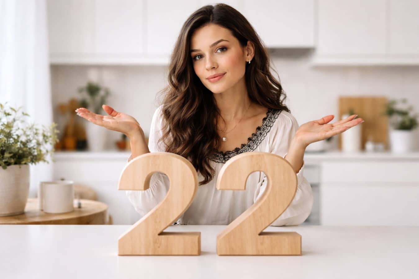 Kobieta w jasnej, minimalistycznej kuchni siedzi za drewnianymi cyframi 2 i 2 na białym blacie, z uniesionymi dłońmi w geście „nie wiem”.
