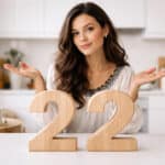 Kobieta w jasnej, minimalistycznej kuchni siedzi za drewnianymi cyframi 2 i 2 na białym blacie, z uniesionymi dłońmi w geście „nie wiem”.