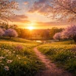 Równonoc wiosenna - wschód słońca nad kwitnącą łąką