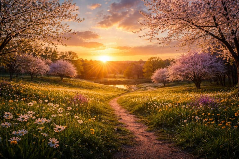 Równonoc wiosenna - wschód słońca nad kwitnącą łąką